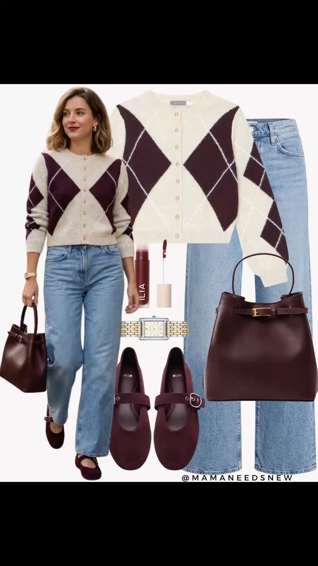 An early fall outfit with a argyle cardigan, jeans, Maryjane flats, bucket bag

#LTKootd #LTKSeasonal #LTKSaleAlert