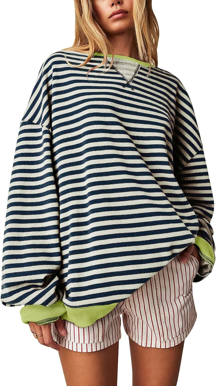FACDIBY Women's Oversized Sweatshirt Striped Sweatshirts Color Block Pullover Relaxed Fit Crew Ne... | Amazon (US)