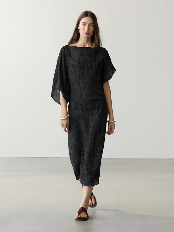 Linen midi dress with asymmetric sleeves | Zara US