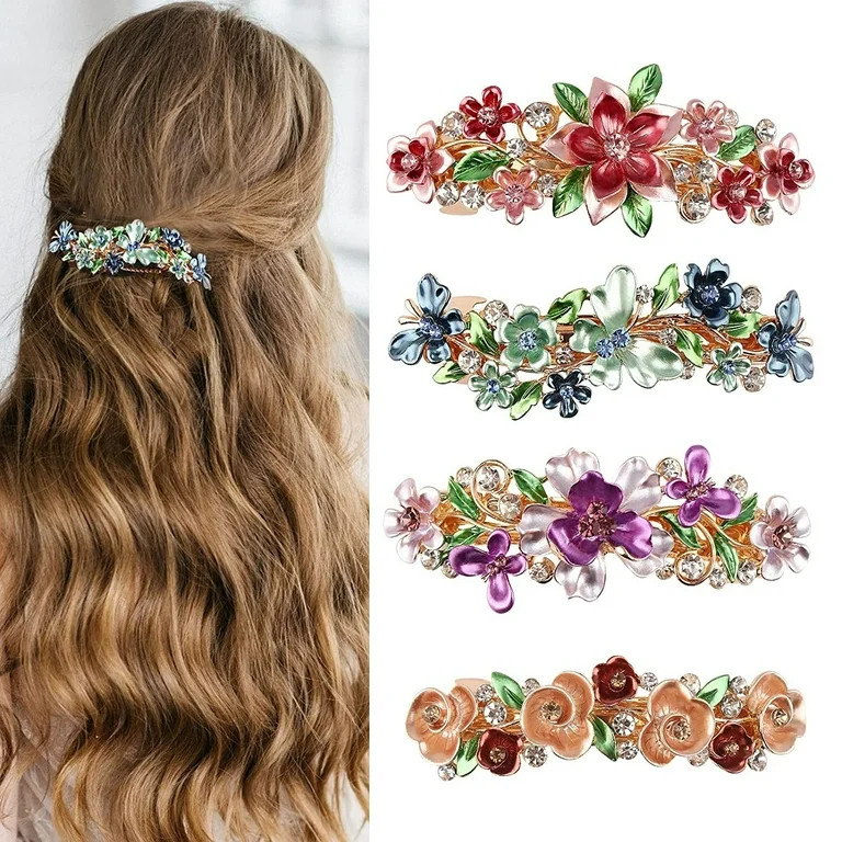 4 Pieces Large Vintage Flower Hair Barrettes for Women Spring Flora Rhinestone Hair Clips for Thi... | Walmart (US)