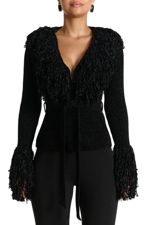 Naked Wardrobe Fringe Tie Waist Chenille Cardigan in Black at Nordstrom, Size X-Large | Nordstrom