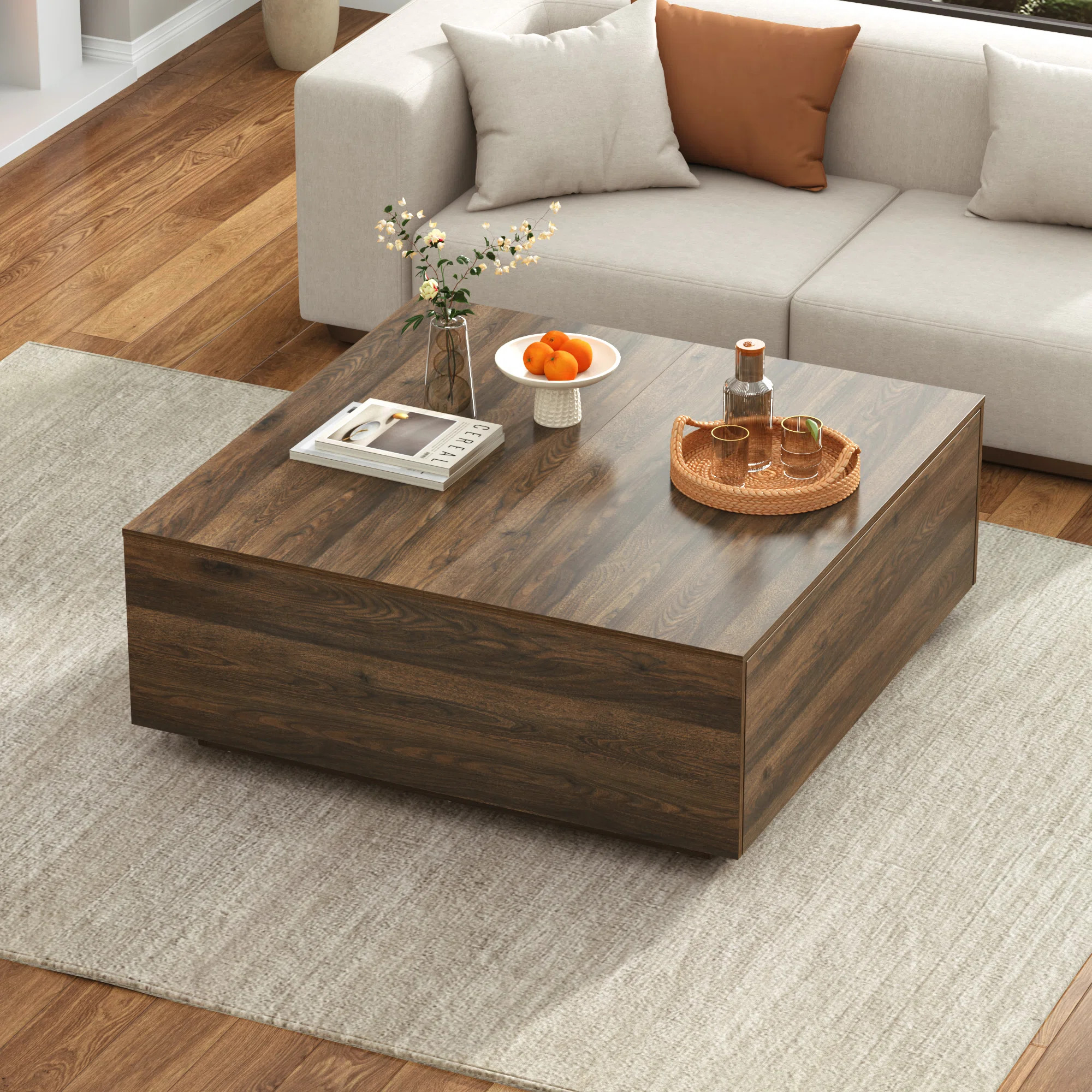 Modern Square Coffee Table With 2 Drawers, Large Square Center Table, Wood Coffee Table For Livin... | Wayfair North America