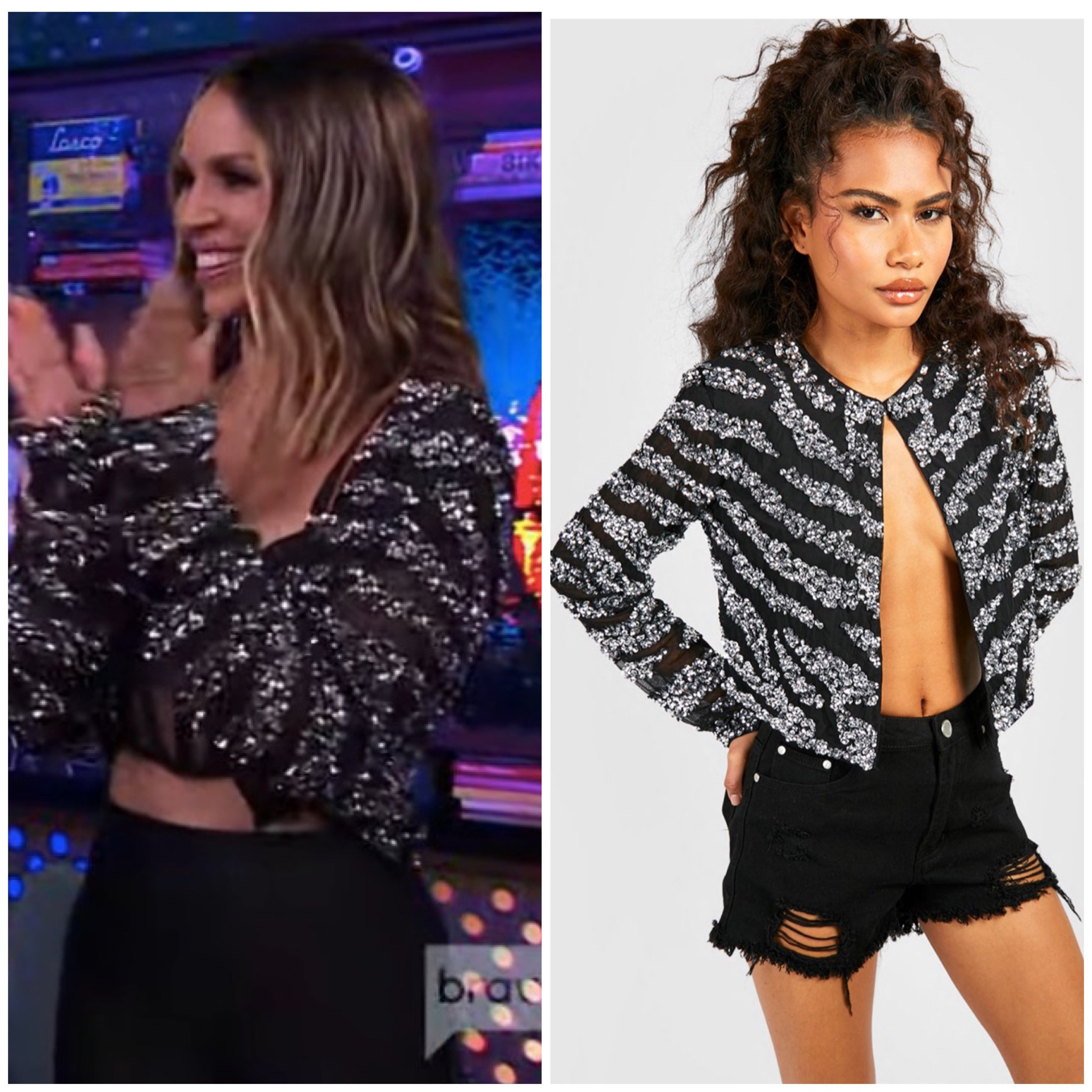 Scheana Shay’s Black and Silver Sequin Cropped Jacket on WWHL