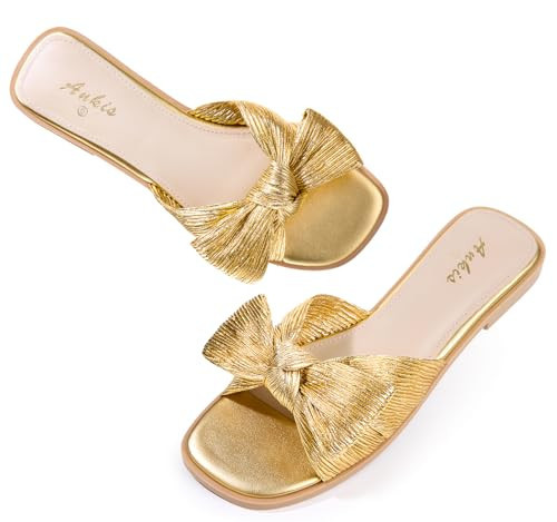Ankis Womens Pleated Bow Flat Sandals Gold Sandals for Women 2026 Dressy, Comfortable Open Toe Dress Sandals for Summer Beach Wedding Party Graduation Slip On Slides Sandals | Amazon (US)