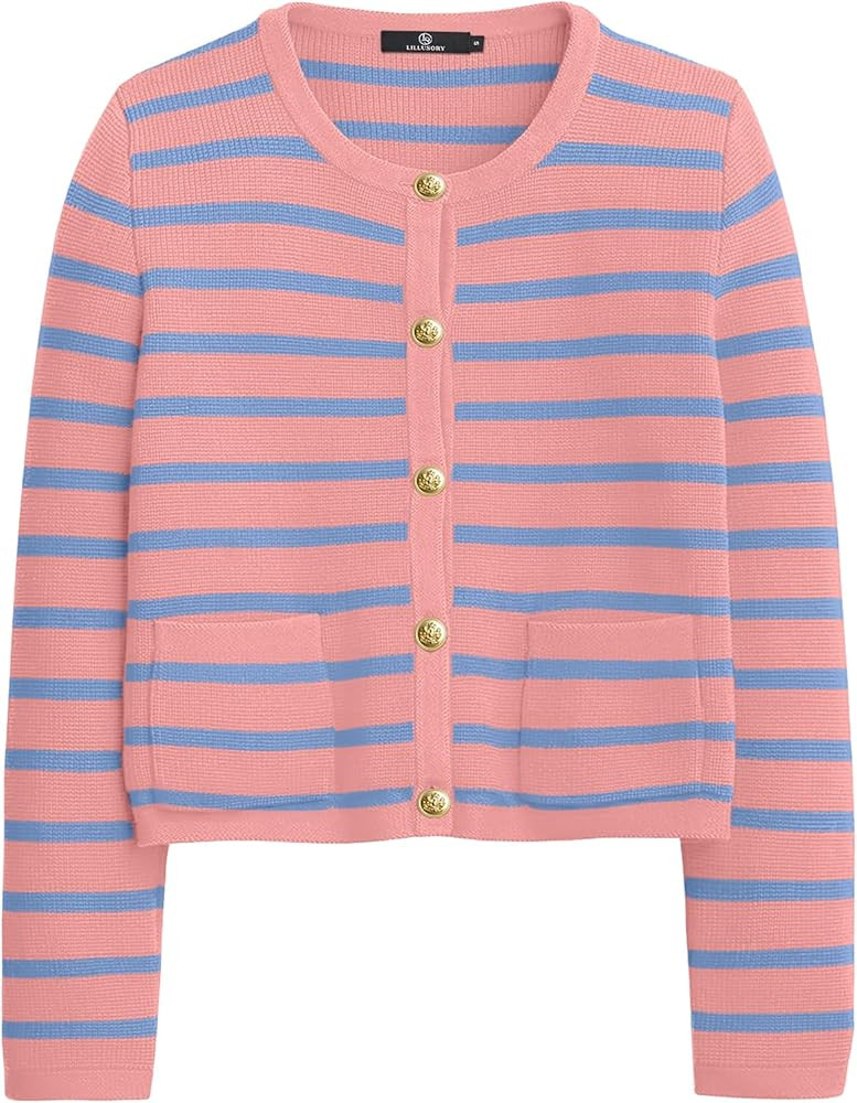 LILLUSORY Women's Striped Cardigan Sweaters Fall Outfits Clothes Fashion Trendy Long Sleeve Tops ... | Amazon (US)