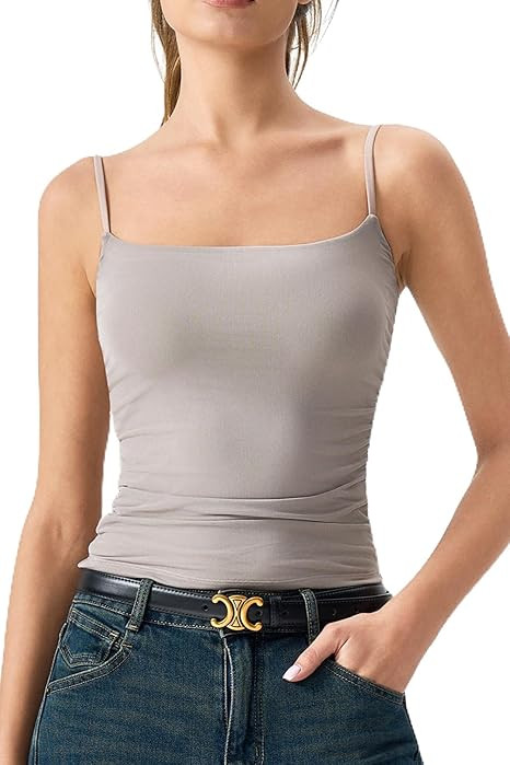 QINSEN Women's Mesh Camisole Tank Top Double Lined Spaghetti Strap Sleeveless Cami Shirts | Amazon (US)