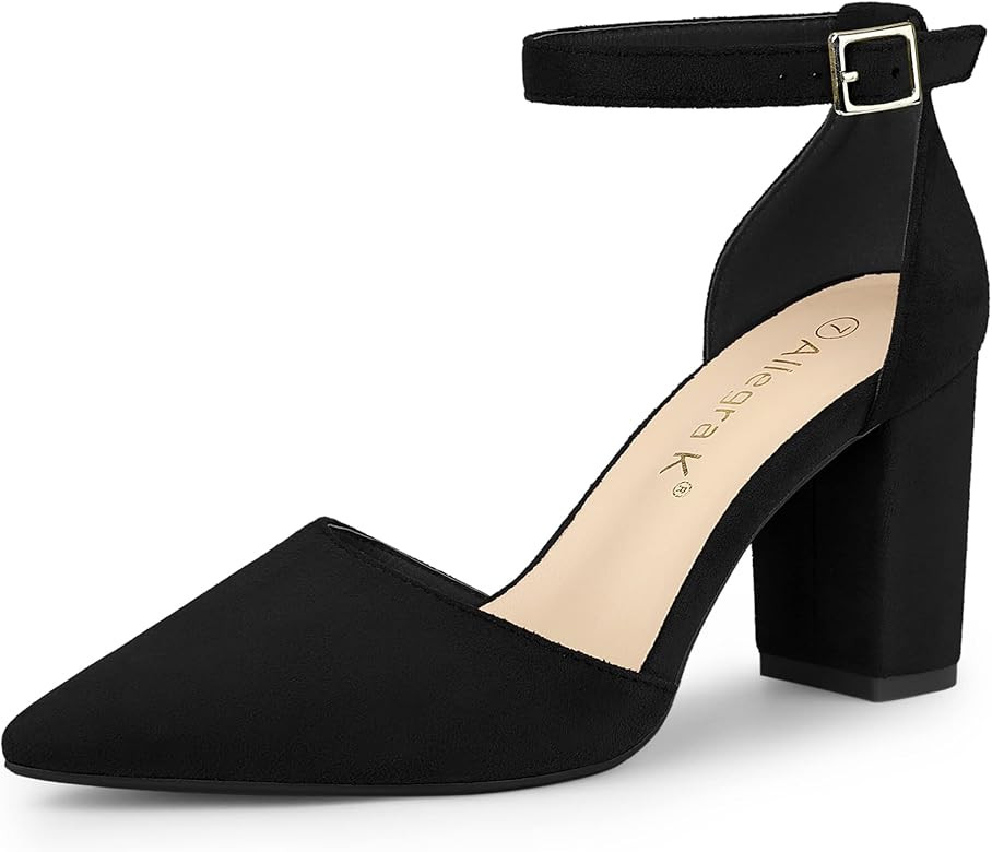 Allegra K Women's Ankle Strap Pointed Toe Block Heels Pumps | Amazon (US)