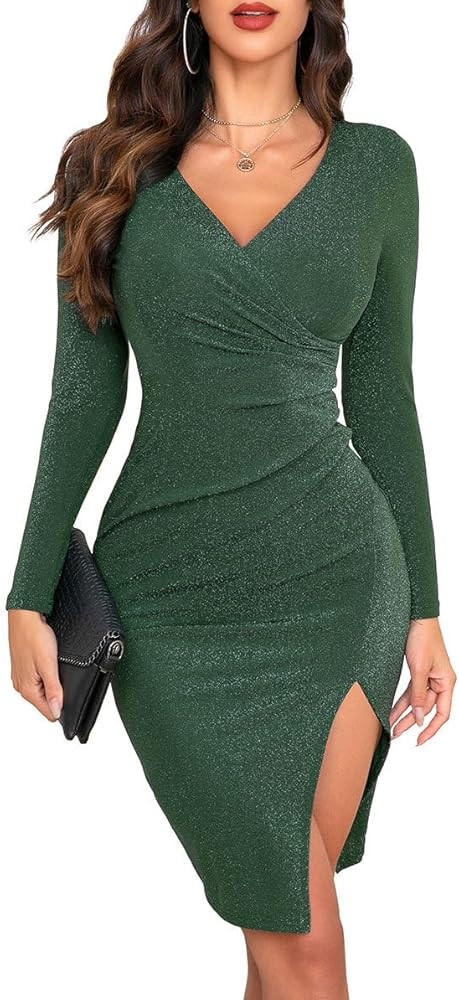 oten Women's Sparkly Deep V Neck Long Sleeve Ruched Bodycon Slit Cocktail Party Club Night Out Sl... | Amazon (US)