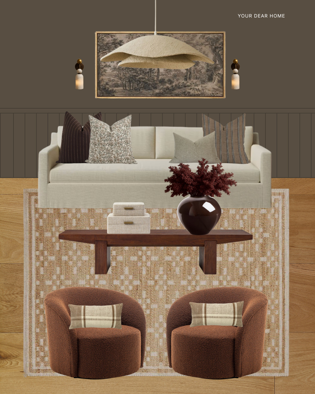 Muted maximalism done right.
A soft neutral sofa layered with texture, warm wood tones and rounded silhouettes, all grounded by a deep, moody wall color. The tongue and groove detailing adds depth without stealing attention, which is exactly why this space still feels calm and livable. 

 #LTKHome