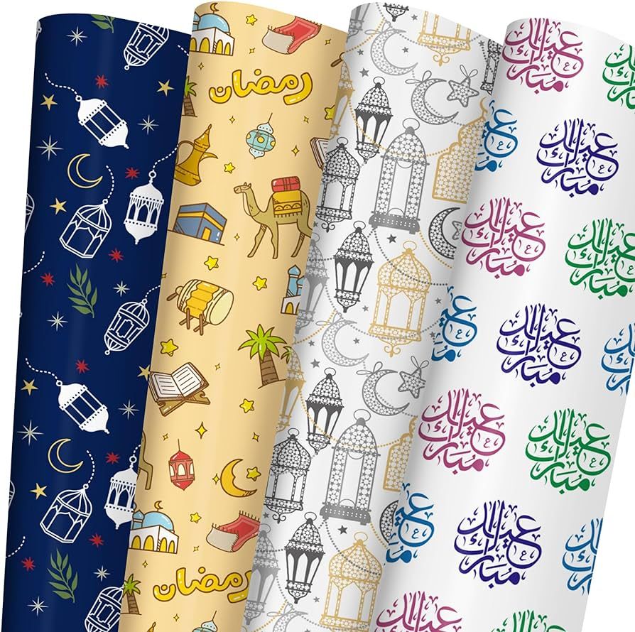 Eid Mubarak Wrapping Paper for Kids - Ramadan Kareem, Lantern, Mosque, Camel - Islamic Gift Wrap ... | Amazon (US)