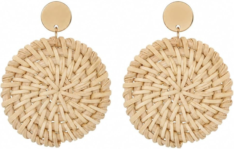 Handmade Raffia Rattan Bohemian Dangle Earrings for Women, Woven Rattan Round Drop Dangle Earring... | Amazon (US)