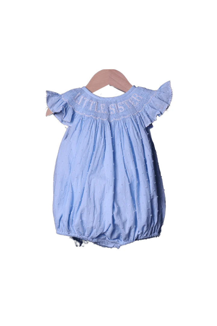 Smocked Little Sister Blue Swiss Dot Bubble | The Smocked Flamingo