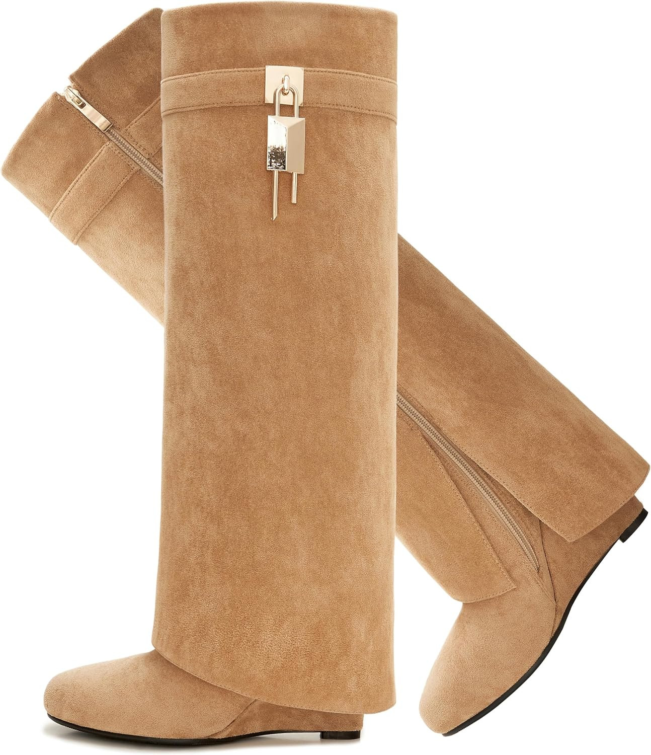 Women's Fold Over Knee High Shark Boots 4-Inch Wedge Heel Side Zipper | Amazon (US)