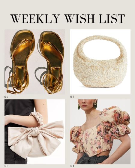 On my wish list this week… 👛
Gold sandals | Summer outfits | Holiday shoes | Sequin handbag | Puff sleeve top | Regencycore | Oversized bow bag | Aesthetic accessories | Wedding guest outfit ideas 

#LTKparties #LTKitbag #LTKwedding
