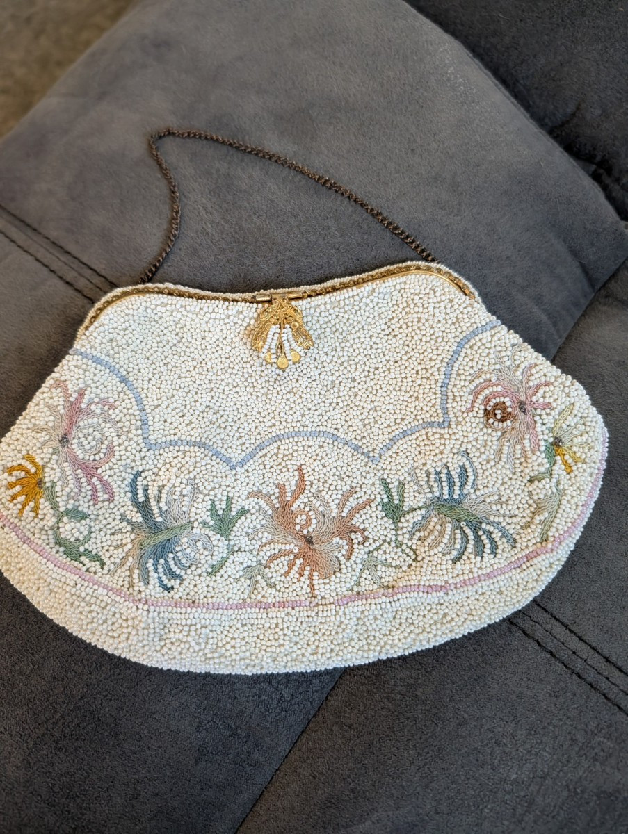 Vintage White & Multicolor Beaded Floral Evening Bag Purse w/ Chain Strap | eBay US