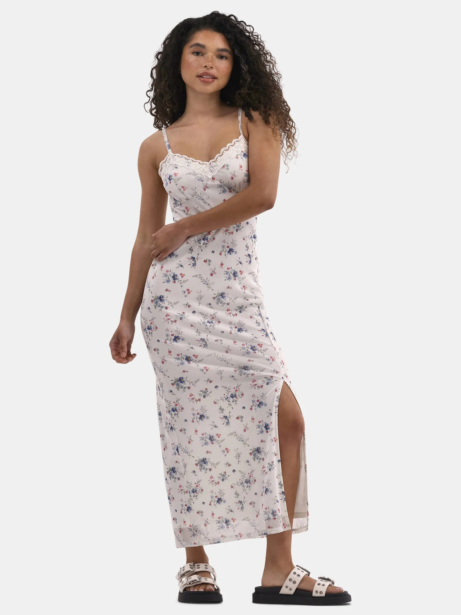 No Boundaries Lace Trim Maxi Mesh Dress, Women's | Walmart (US)