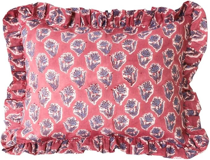 Decorative Throw Pillow Cover, Gray with Red Floral Embroidery, Ruffled Edges, Home Decor Accent ... | Amazon (US)