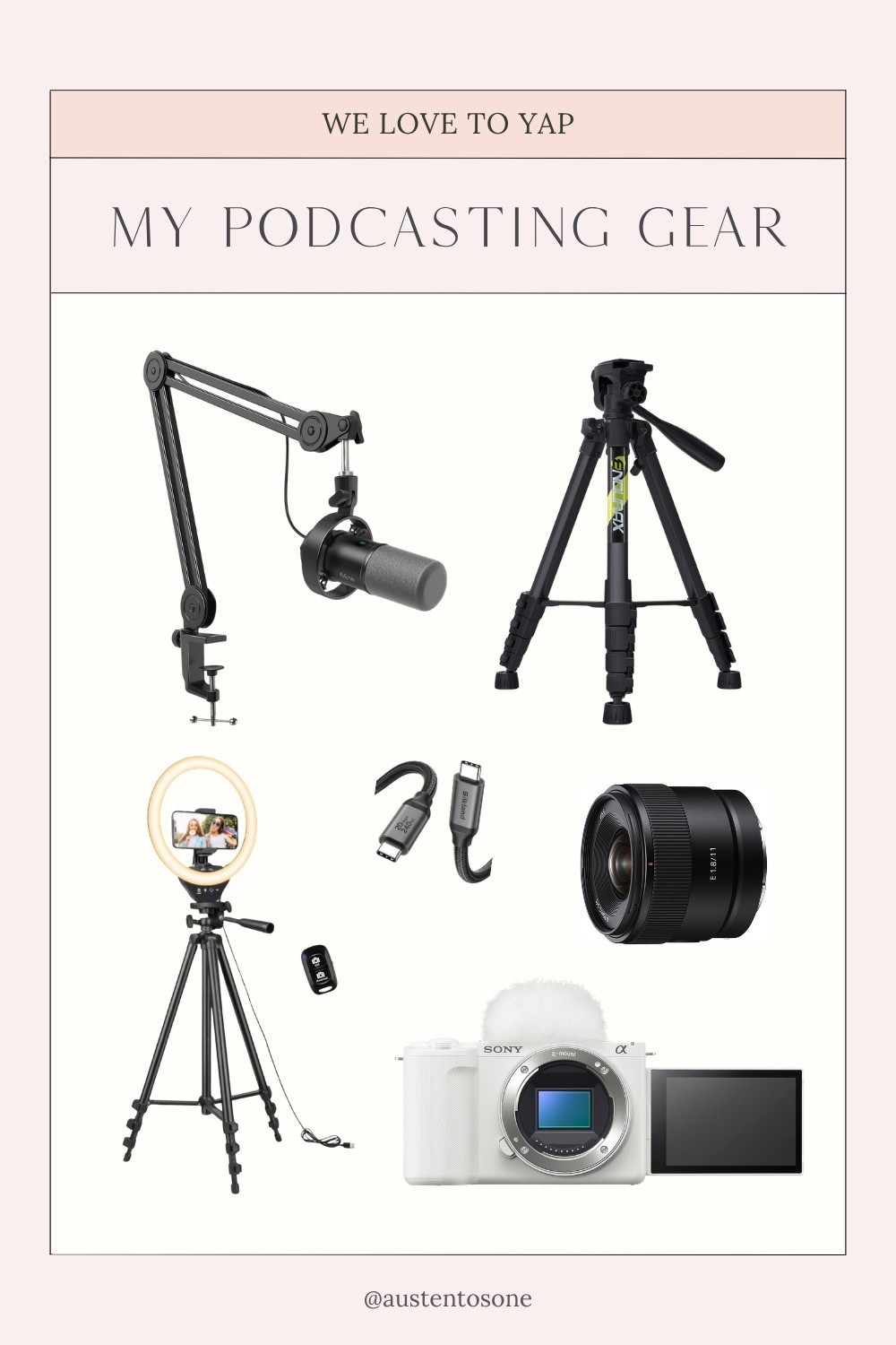 Here’s what I use to record my video podcast! I stream on Riverside with my Sony Camera (with the 11mm wide angle lens) and use a high speed cable for the 4K. I also have a camera tripod and a ring light tripod. This microphone plugs right into my laptop!