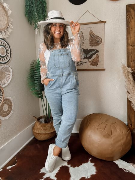 Cute brunch outfit idea. Girly boho jumpsuit overall outfit with mesh lace top. Wearing med in denim overalls. Large in white mesh top. White turtle dove platform vans. White hat. 

#LTKStyleTip