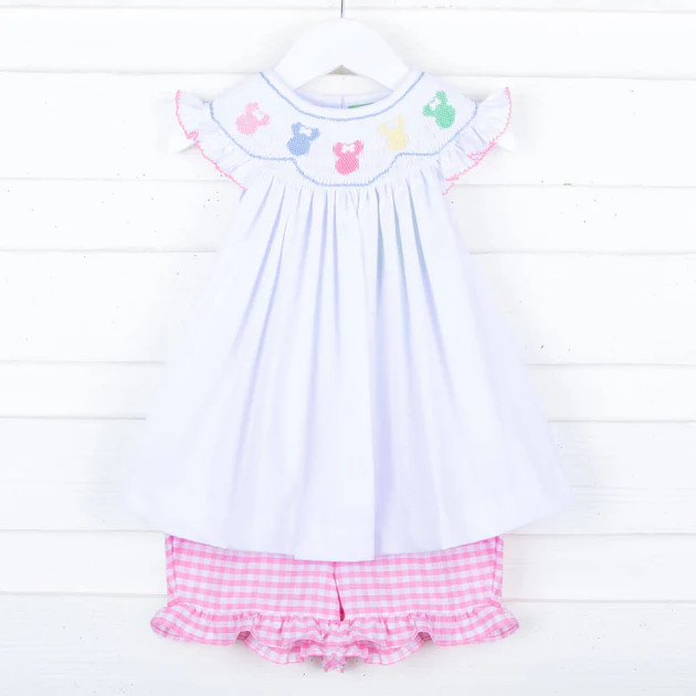 Pastel Mouse Ears Smocked White Short Set | Classic Whimsy