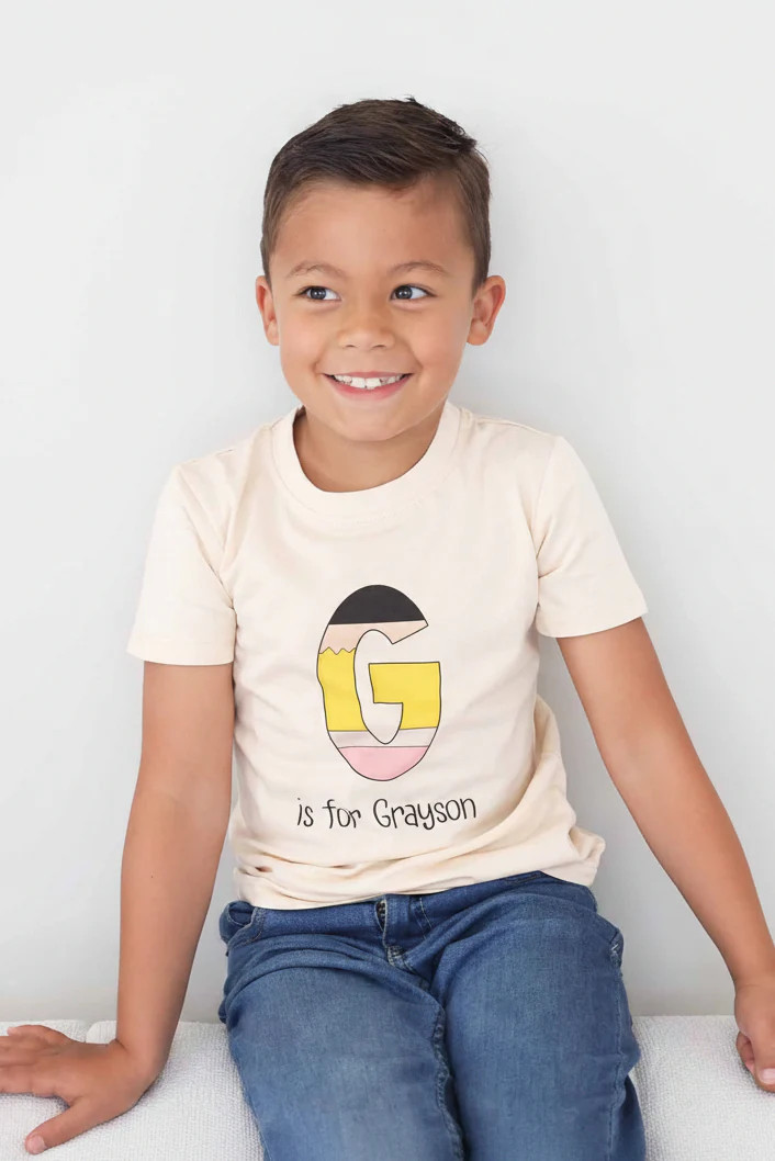 Personalized Pencil Letters Kids Graphic Tee | Natural | Caden Lane
