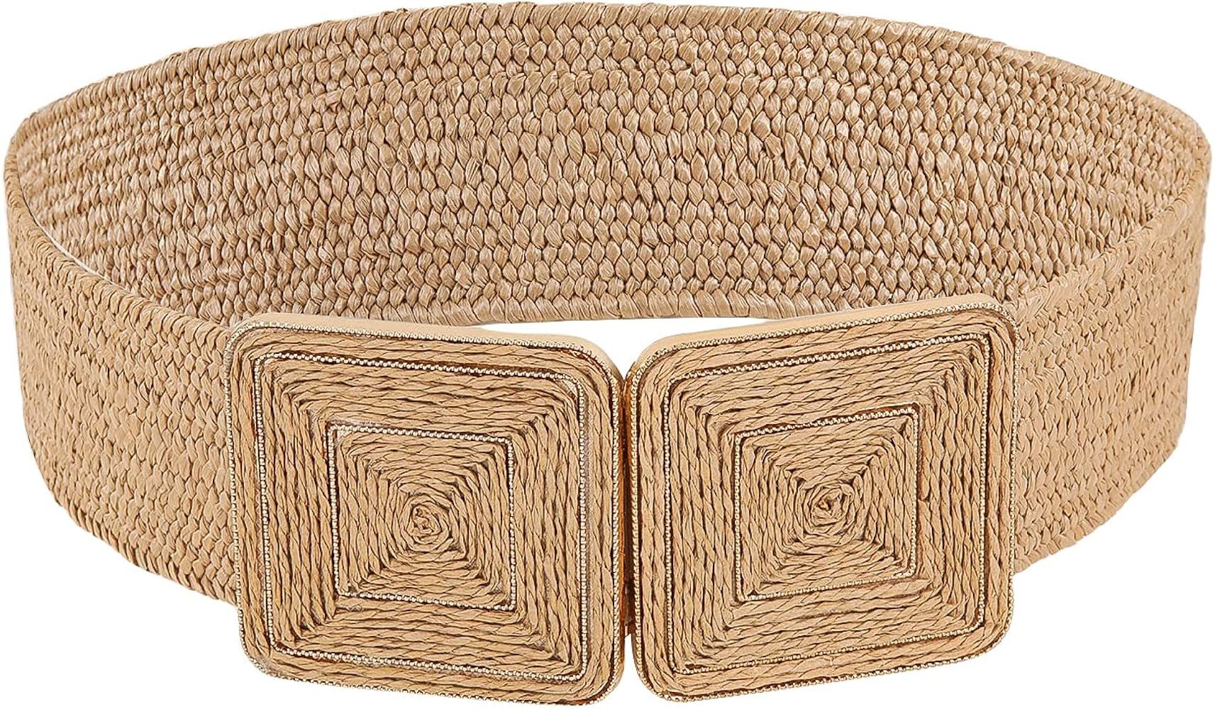 Verdusa Women's Symmetrical Buckle Straw Belts Wide Belt Elastic Waistband | Amazon (US)