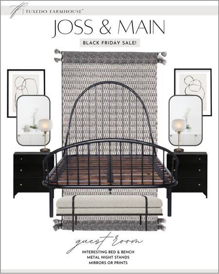 Redecorate a bedroom with the Joss and Main Black Friday Sale! Metal Beds, neutral area rugs, chandeliers, table lamps, neutral art prints, Wall mirrors, bedroom bench, nightstands, home decor, bedroom furniture, bedroom decor. 

#LTKstyletip #LTKhome #LTKSeasonal