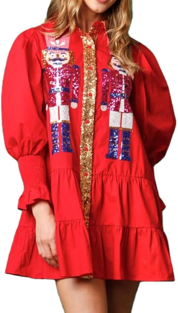 Muineobuka Womens Christmas Sequin Nutcracker Dress Long Sleeve Tiered Glitter Nutcracker Print H... | Amazon (US)