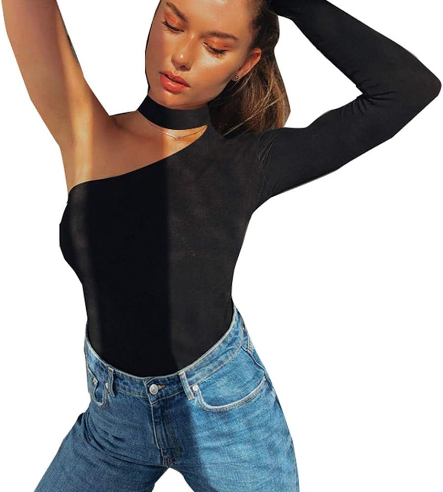 PALINDA Women's Sexy Off One Shoulder Long Sleeve Cutout Bodysuit Stretchy Leotard Tops | Amazon (US)