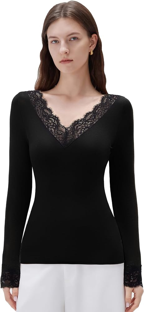 SUUKSESS Cloud Cashmere Women Basic Tops V Neck Boat Neck Lace Long Sleeve Shirt | Amazon (US)