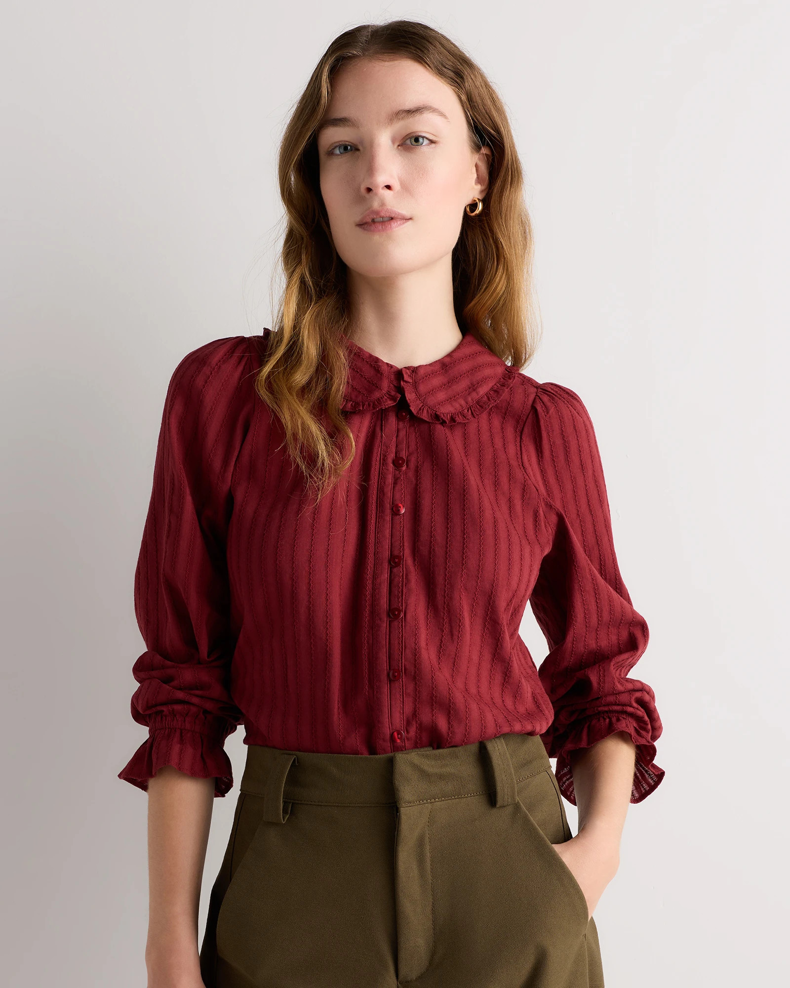 Quince | Women's Embroidered Cotton Ruffle Collar Long Sleeve Blouse in True Black, Size Medium, Organic Cotton | Quince