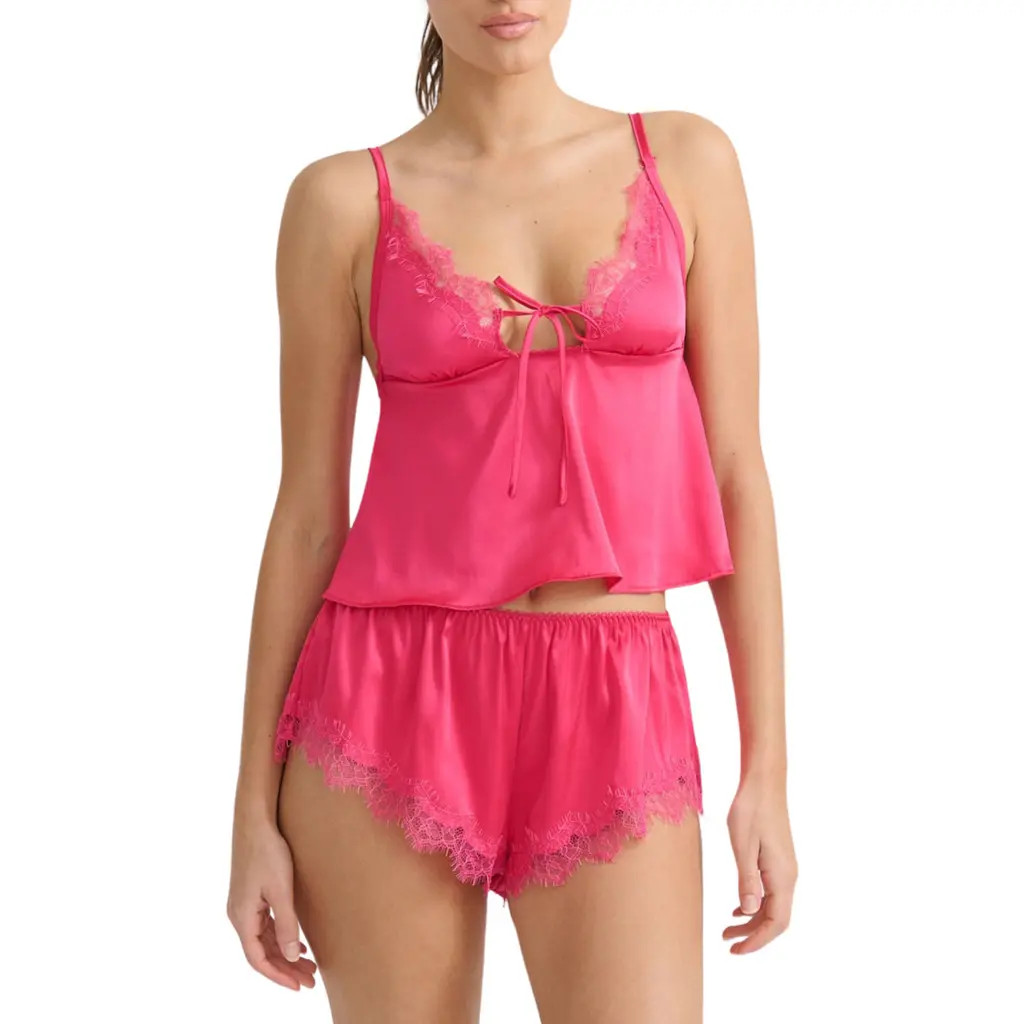 Kat The Label Sorrento Lace & Satin Tap Shorts in Hot Pink at Nordstrom, Size Small | Nordstrom