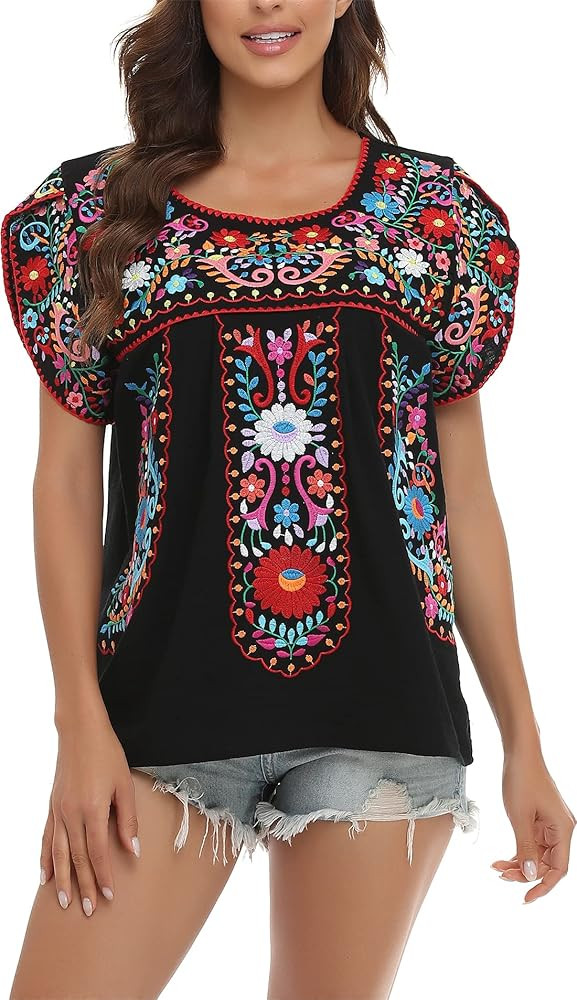 YZXDORWJ Women's Summer Boho Embroidery Mexican Bohemian Tops Shirt Tunic | Amazon (US)