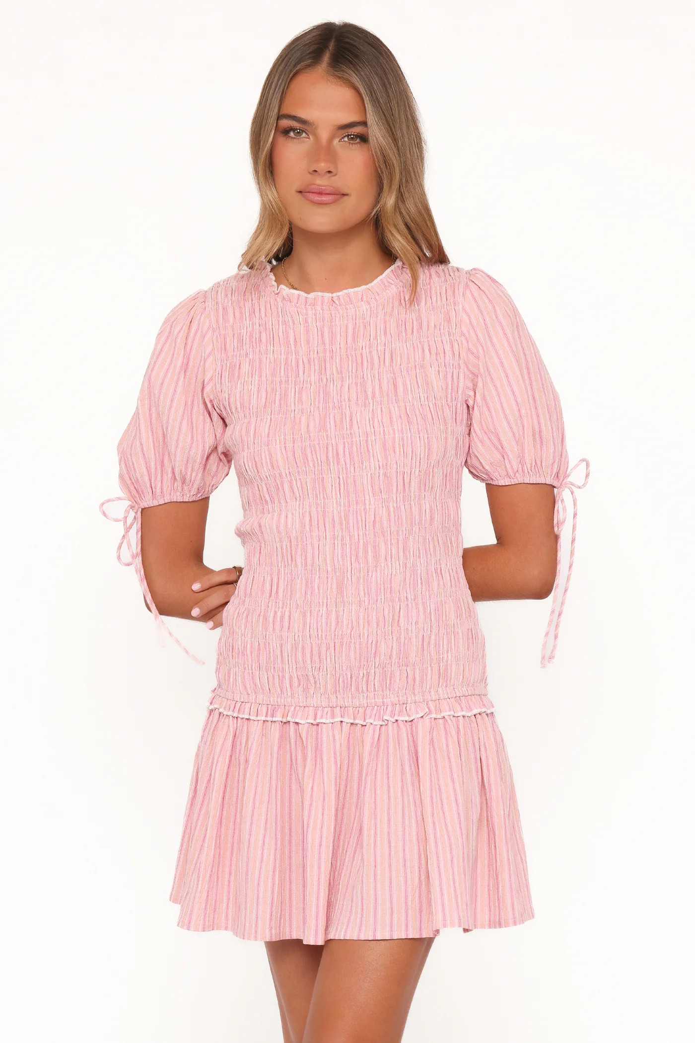 Kaelyn Gather Mini Dress - Pink Stripe | Petal & Pup (US)