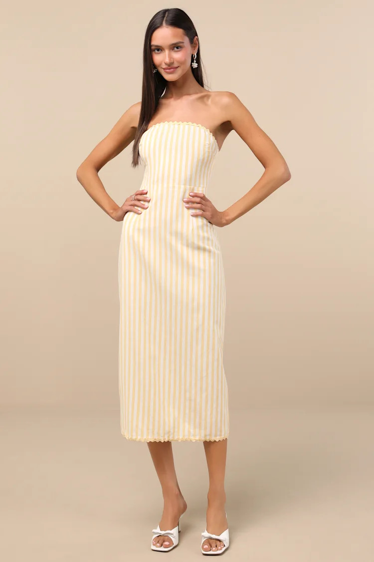 Brigita Yellow Striped Strapless Column Midi Dress | Lulus