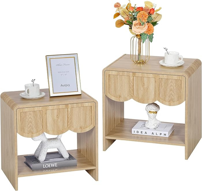 Night Stand Set of 2, Mid Century Modern Farmhouse Wood Nightstand with Wave Panel Drawer, Bed Si... | Amazon (US)