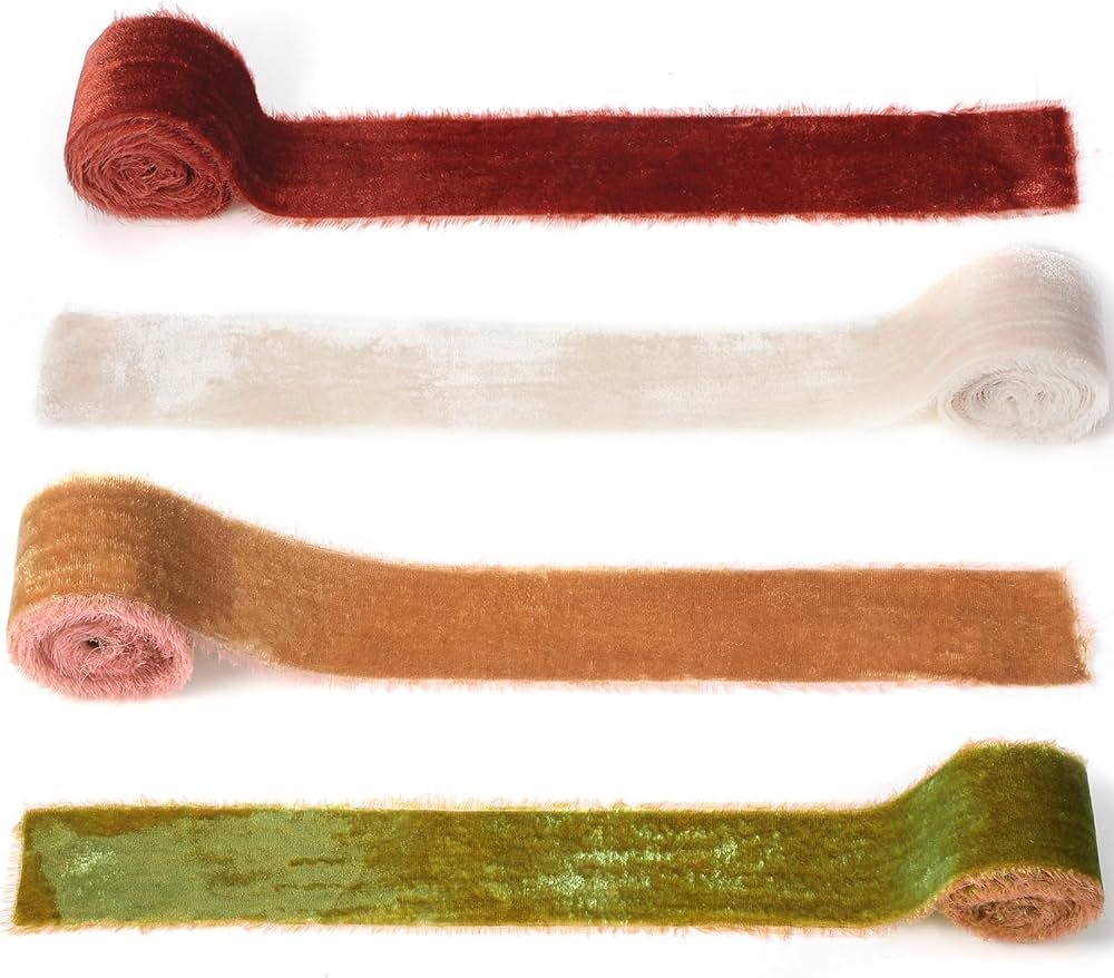 XunYee 4 Rolls Christmas Velvet Ribbon for Gift Wrapping 2 in x 8 yd Fringe Frayed Fabric Ribbon ... | Amazon (US)