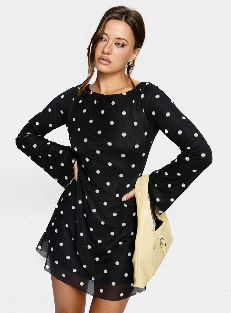 Lukea Long Sleeve Mini Dress Black Polka Dot | Princess Polly US