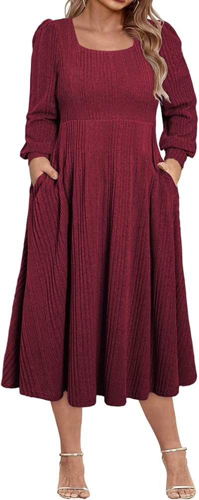 Eytino Womens Plus Size Dress Square Neck Long Sleeve Midi Sweater Dresses with Pockets(1X-5X) | Amazon (US)