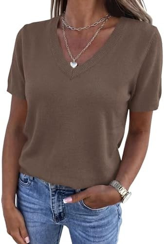 PRETTYGARDEN Womens Short Sleeve Sweater V Neck Tops | Lightweight Sweater Shirts, Business Casua... | Amazon (US)