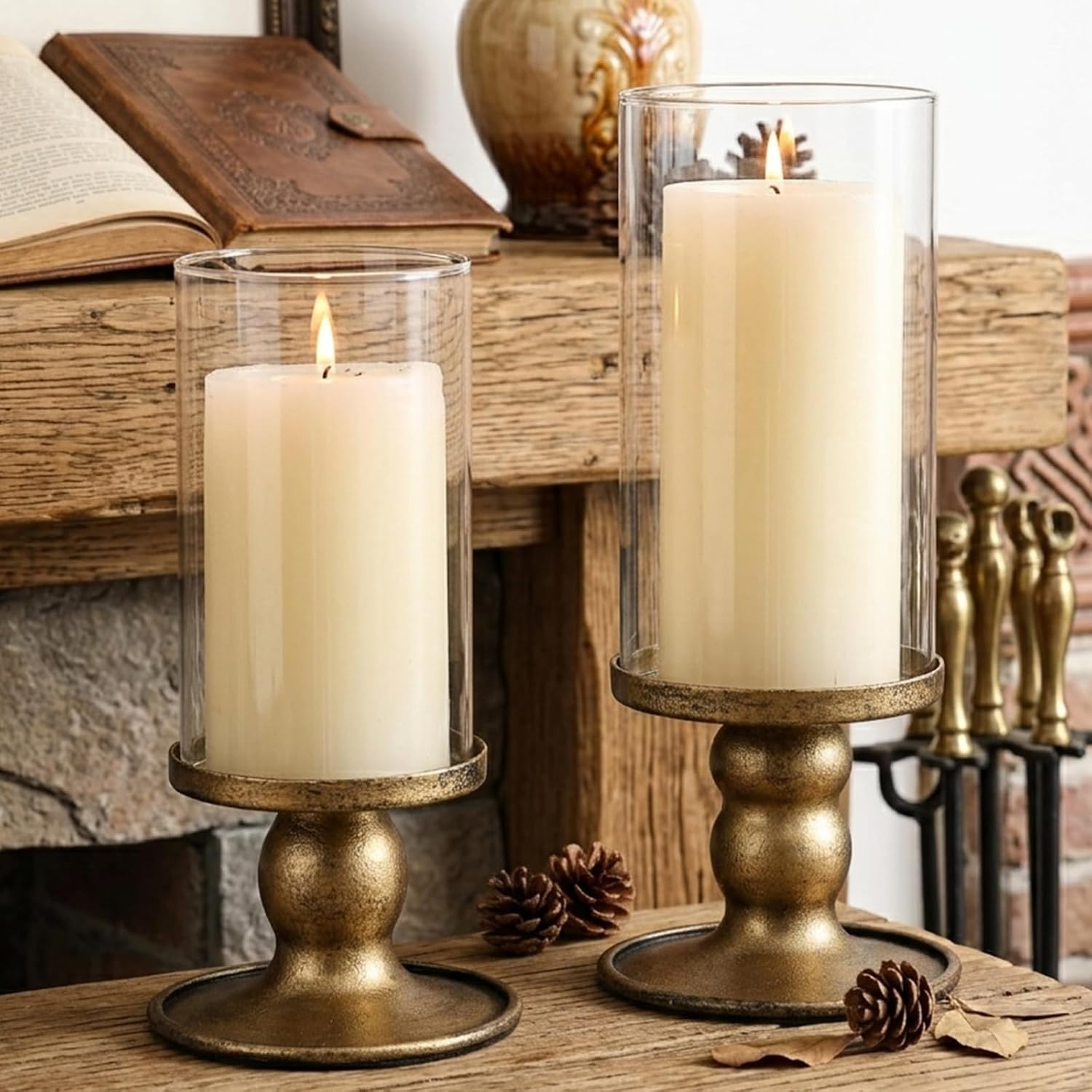 2pcs Hurricane Candle Holder for Pillar Candles, Antique Brass Iron Candle Holders with Clear Glass Sleeve for Table Centerpieces, Pillar Candle Holders for Home, Wedding Decor | Amazon (US)