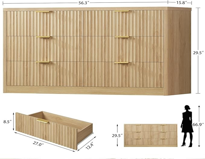 56.3'' Dresser for Bedroom with 6 Drawers, Dressers & Chest of Drawers with Curved Profile Design... | Amazon (US)