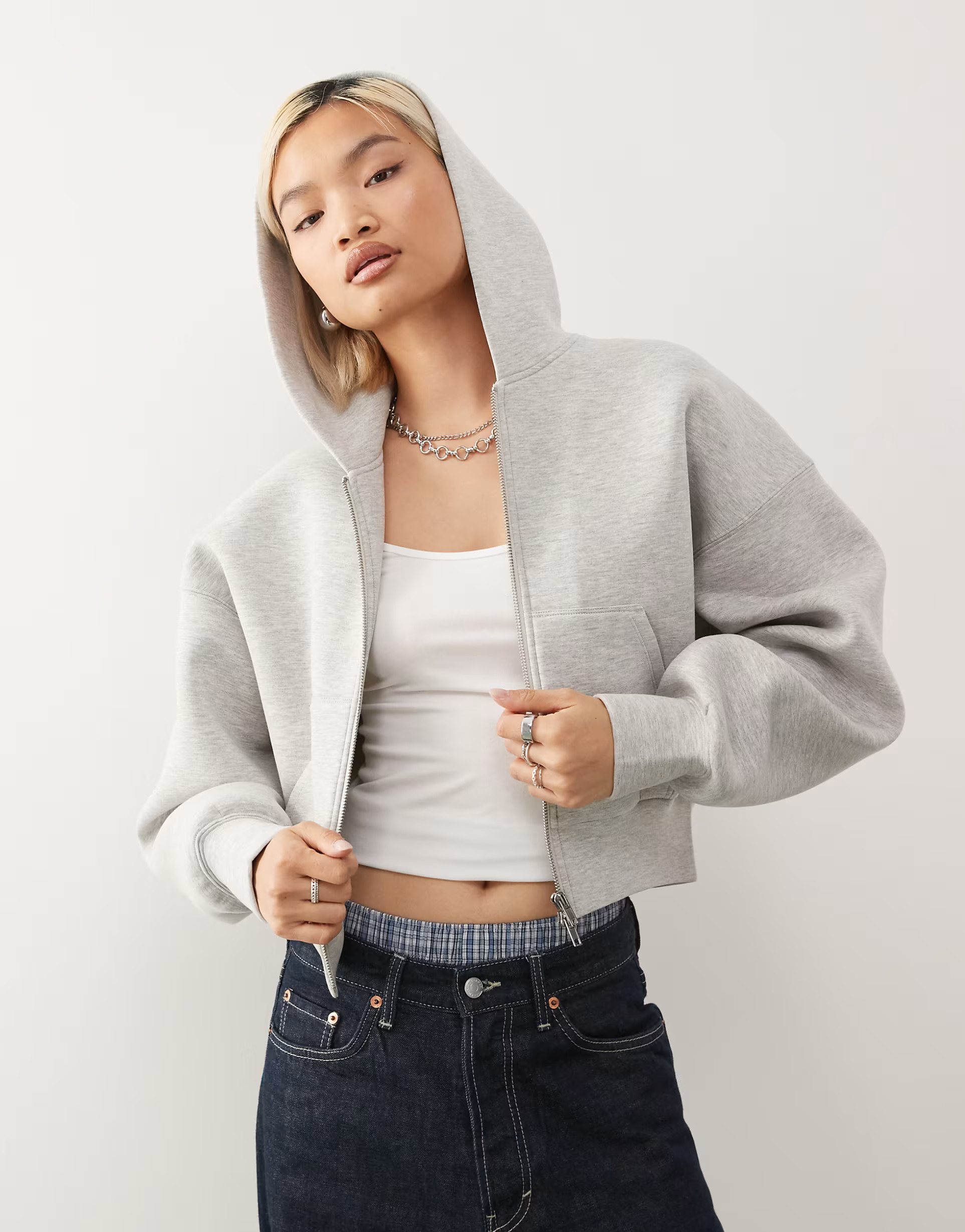 Weekday oversized boxy fit zip through hoodie in grey melange in scuba-style fabric | ASOS | ASOS (Global)