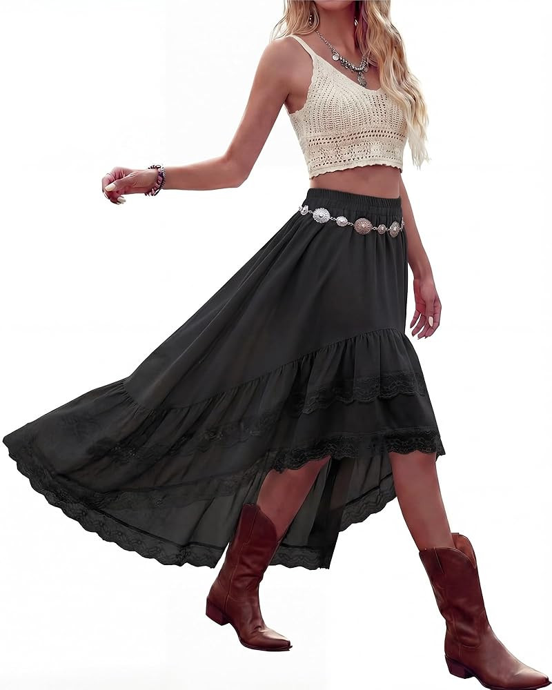 Women Asymmetrical Lace Ruffle Skirt Western Boho Skirt Elastic Waist Flowy Layered High Low Cowg... | Amazon (US)