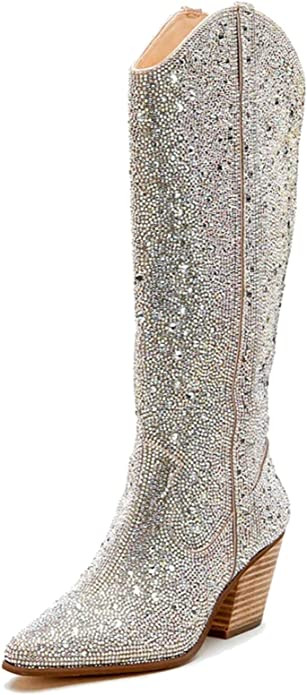 MUCCCUTE Women's Rhinestone Western Knee-High Boots Cowgirl Point-Toe Block Heel Wide Calf Weddin... | Amazon (US)