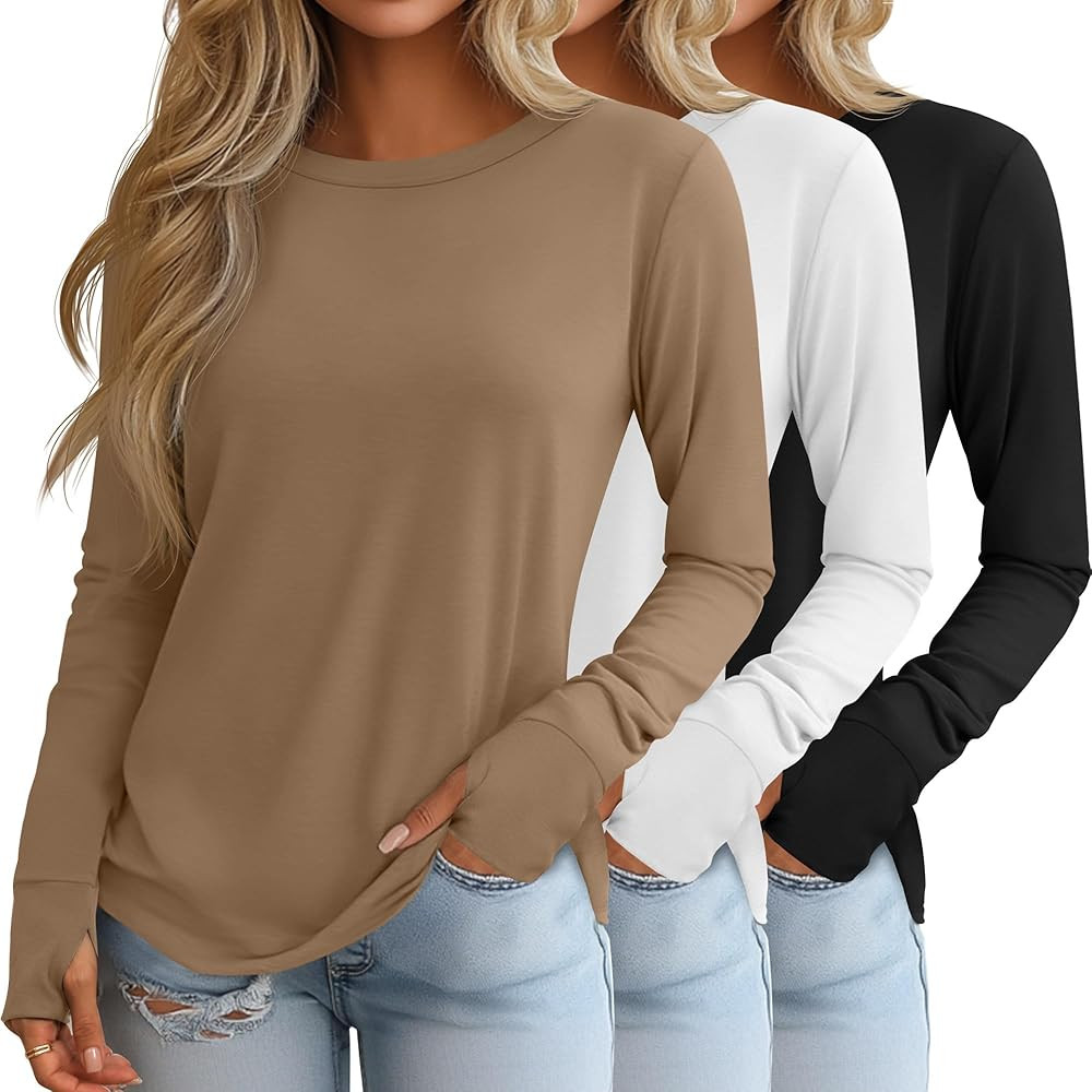 Huukeay 3 Pack Women's Long Sleeve Shirts with Thumb Holes, Cotton Casual Crew Neck Tunic Tops Fa... | Amazon (US)