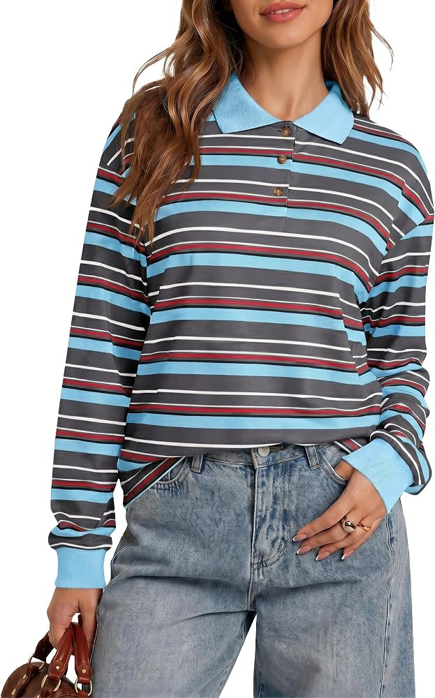 Tankaneo Womens Striped Long Sleeve Polo Shirts Casual Oversized Tops | Amazon (US)