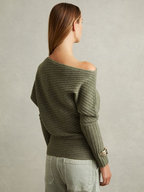 Wool-Cashmere Off-The-Shoulder Draped Jumper in Sage | Reiss UK