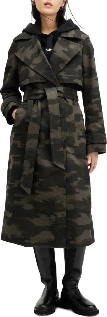 AllSaints Mixie Tie Waist Double Breasted Camo Trench Coat | Nordstrom | Nordstrom