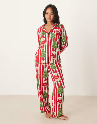 Chelsea Peers Petite poly long sleeve camp collar pajama set in Christmas Teddy striped print | A... | ASOS (Global)